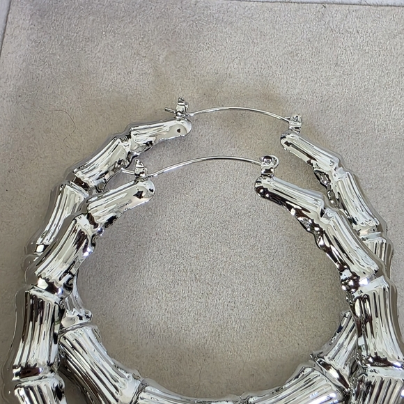 Silver Large Doorknocker Bamboo Hoop Earrings - Picture 4 of 12